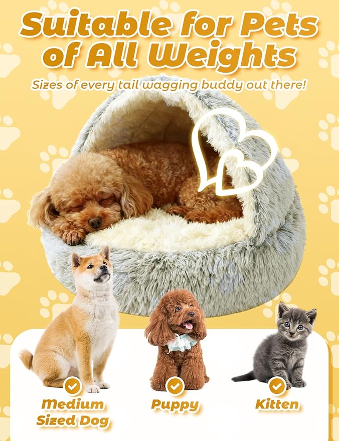Dog Bed, Dog Bed with Cover Cave, Dual Comfort Design, Pet Bed for Small/Medium/Large Cats and Dogs, Anxiety Relief, Durable & Chew-Proof, Improves Sleep & Behaviour (Gray, 26in)