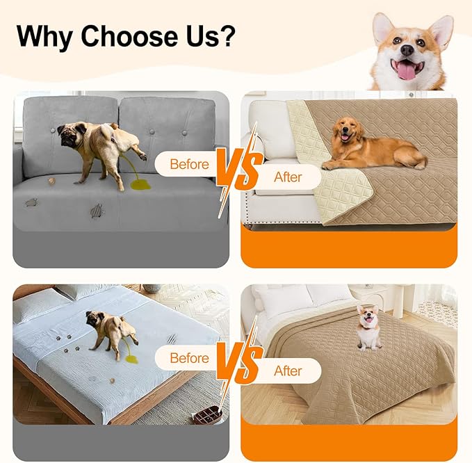 Smiry Waterproof Dog Blanket, 82x82 Inch Soft Pet Bed Cover Reversible, Washable Sofa Couch Furniture Protector for Small Medium Large Dog Puppy Cat, Geometric, Camel/Beige