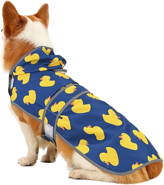 Dog Raincoat for Medium Dogs Waterproof Hooded Rain Jacket with Reflective Strips Leash Hole & Poncho Adjustable Fit (Duck,L)