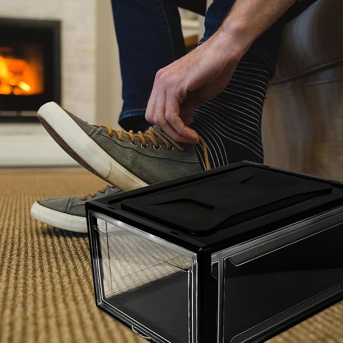 PRETYZOOM Large Sneaker Shoe Box with Flip Lid and Black Snap Closure Stackable Drawer-style Storage Container for Men and Women’s Shoes for Entryway and Closet