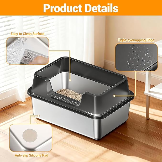 Enclosed Stainless Steel Cat Litter Box with Lid, XL Extra Large Litter Box for Big Cats, Metal Litter Pan High Sided, Never Absorbs Odors, Anti-Urine Leakage, Easy Cleaning, Include Scoop