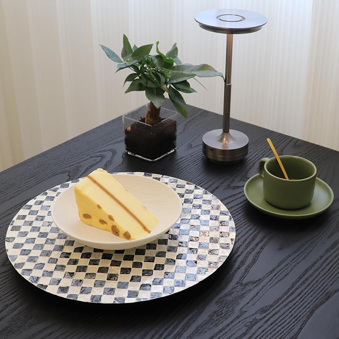 13.8" Mother of Pearl Lazy Susan Turnable Organizer, 360 Degree Round Table Countertop Decorative Spinning Tray for Kitchen Cabinet Counter Spice Pantry Dinner Table (Checkerboard)