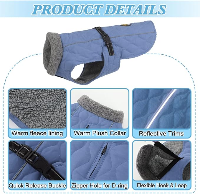 Dog Coats for Cold Weather, Fleece Lining Small/Medium/Large Dog Jackets for Winter, Reflective Adjustable Doggie Winter Clothes for X-Large Dogs, Blue XL
