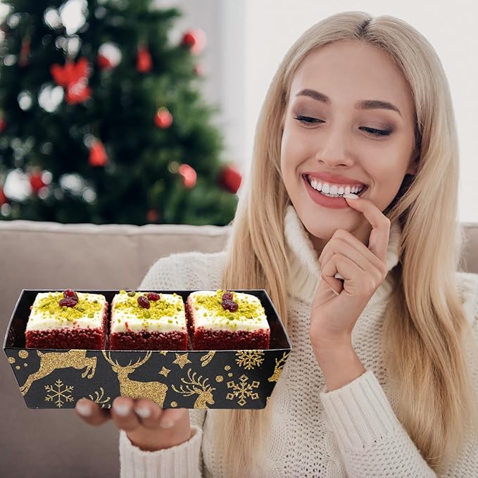 Outus 100 Pack Charcuterie Boxes with Clear Lids, 5.7 x 5.1 '', Mother 's Day Back to School Paper Food Containers Cake Take out Bakery Boxes with Gift Tags Rope for Desserts(Black,Gold,Christmas)