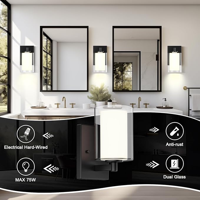 Kalium Wall Sconces Set of Two, Modern Vanity Lights with Double Clear Glass Shade Matte Black Indoor Farmhouse Wall Lights for Bathroom Living Room Bedroom Hallway Bulb E26 Base (Bulbs Not Included)