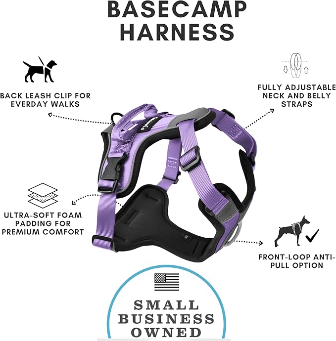 ShawnCo Basecamp Dog Harness, No-Pull Pet Vest with 3 Leash Clips, Padded, Reflective, Lightweight and Adjustable Harness with Handle for Small, Medium and Large Dogs (ICY Lilac, L)