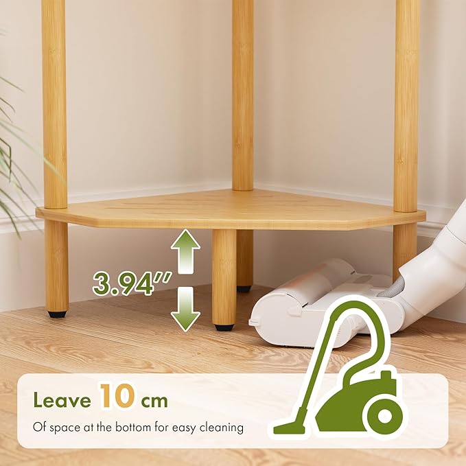 3 Tier Bamboo Corner Shelf, Storage Stand with Adjustable Feet, Small Space Corner Bookcase, Outdoor Plant Stand, Space-Saving Organizer for Bathroom Kitchen Living Room