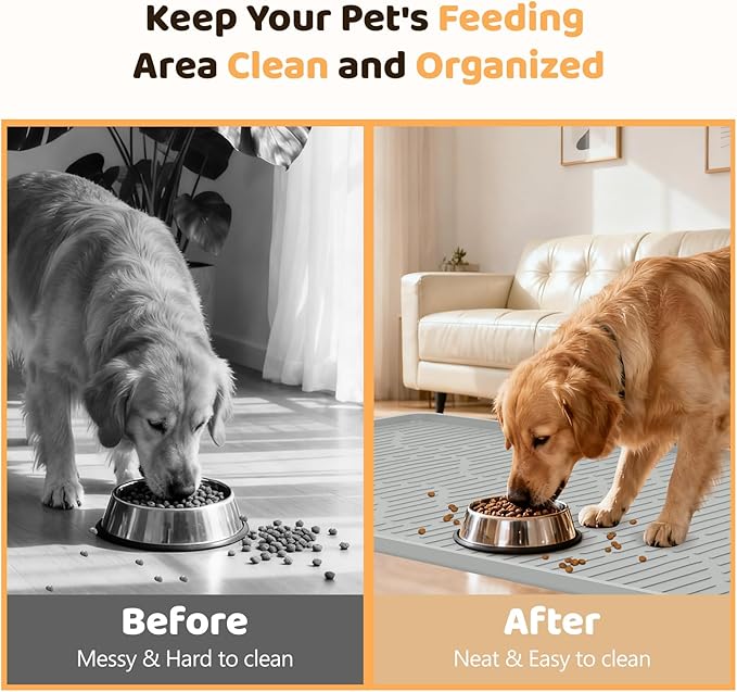 Silicone Cat & Dog Food Mat, 32" x 22" Large Pet Feeding Mat for Cats and Dogs Bowl, Pet Placemat for Food and Water with Raised Edge, Waterproof, Leakproof (Grey)