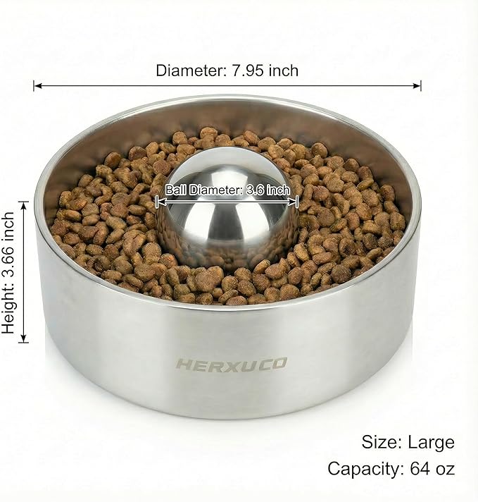 Stainless Steel Dog Slow Feeder – 2-in-1 Pet Bowl 64oz & Slow Feeder Ball 3.6in – Spherical Design Slows Eating & Use Separately or Together (Large)