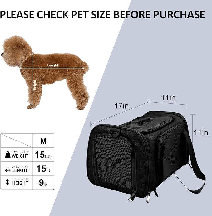 Henkelion Cat Carriers Dog Carrier Pet Carrier for Small/Medium Cats Dogs Puppies (Up to 15lbs), TSA Airline Approved Small Dog Carrier Soft Sided, Collapsible Waterproof Travel Puppy Carrier -Black