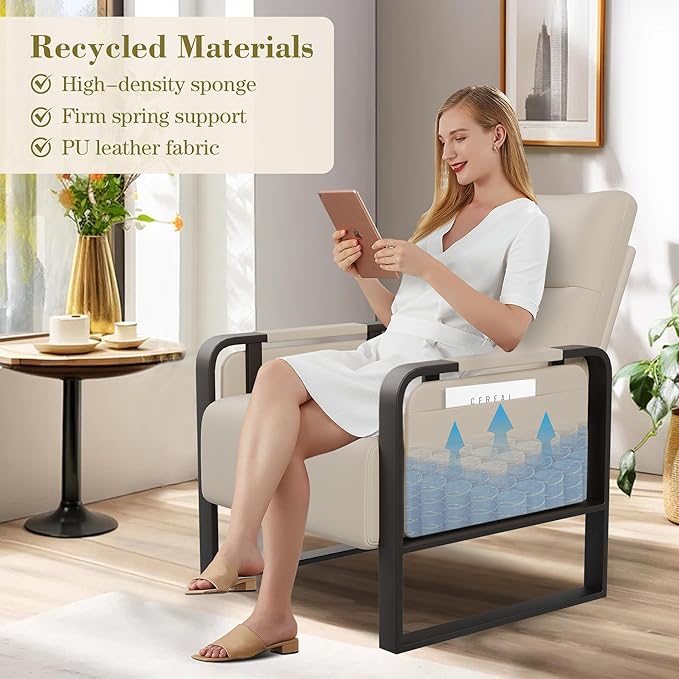 Modern Accent Chair PU Leather Upholstered Armchair with Tray Table for Bedroom Living Room Chairs Office Chair Beige