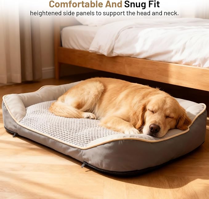 Waterproof Orthopedic Dog Bed for Large Dogs - Cooling PU Fabric, Removable Washable Cover, L-Size Pet Bed for Dogs & Crate Use