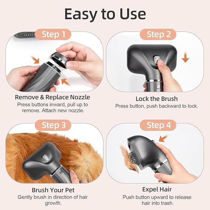 Dog Hair Dryer with Slicker Brush, High Velocity Pet Blow Dryer for Grooming, Low Heat Low Noise Dog Grooming Supplies for Home Use, Includes 4 Nozzles for Drying & Brushing, Gray