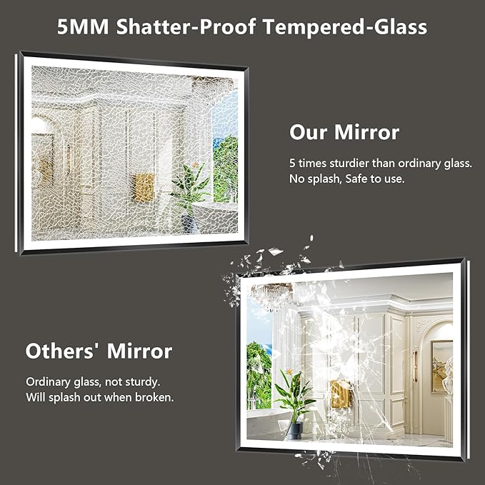 48x32 Black Framed LED Bathroom Mirror with Lights, Backlit and Front Light, Lighted Bathroom Vanity Mirror for Wall Dimmable Anti-Fog Memory Tempered Glass Horizontal/Vertical