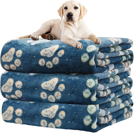 Rezutan 1 Pack 3 Premium Blankets for Large & Medium Dogs - Super Soft Fluffy Pet Blanket Throw for Puppies & Cats, Navy Blue Paw Blanket Suitable for Dog Kennel Crate Bed(41x31 Inch)