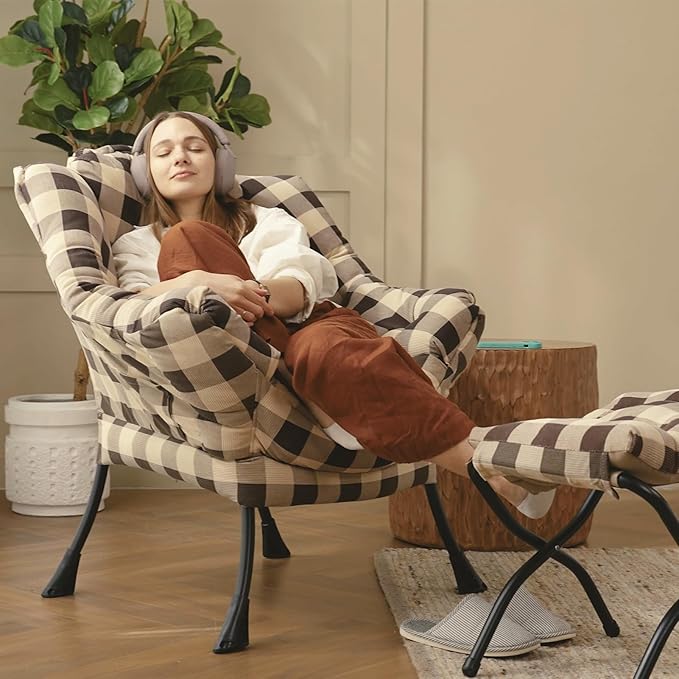 HollyHOME Lazy Chair with Foldable Ottoman, Accent Comfy Lounge Armchair and Folding Footrest Stool, Leisure Sofa Reading Chair and Footstool for Living Room, Bedroom, Dorm,Plaid Pattern