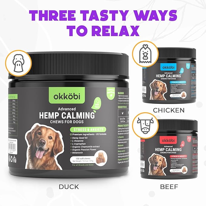 Hemp Calming Chews for Dogs - 150 pcs - for Stress, Travel, Check-ups, Barking, or Grooming - Anxiety Relief with Melatonin - Duck Flavored Calming Treats