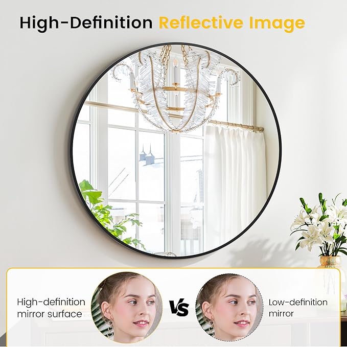 30 in Round Mirror for Wall, Black Metal Frame Circle Mirror, Round Bathroom Mirror for Wall Decor, Mirror for Entryway, Vanity, Bedroom, Easy to Install