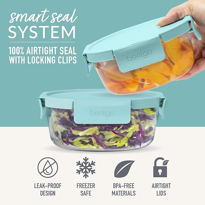 Bentgo Glass Leak-Proof Food Storage Set - 6-Piece Glass Containers with BPA-Free Airtight Lids, Reusable & Durable for Leftovers & Meal Prep - Microwave, Freezer, Oven & Dishwasher Safe (Soft Aqua)