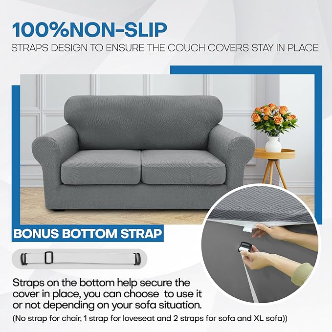 XINEAGE 2025 New 4 Pieces Couch Covers for 3 Cushion Couch Super Stretch Thick Soft Sofa Cover Anti Slip Sofa Slipcover Dogs Cats Furniture Protector (Light Gray, 71"-91")