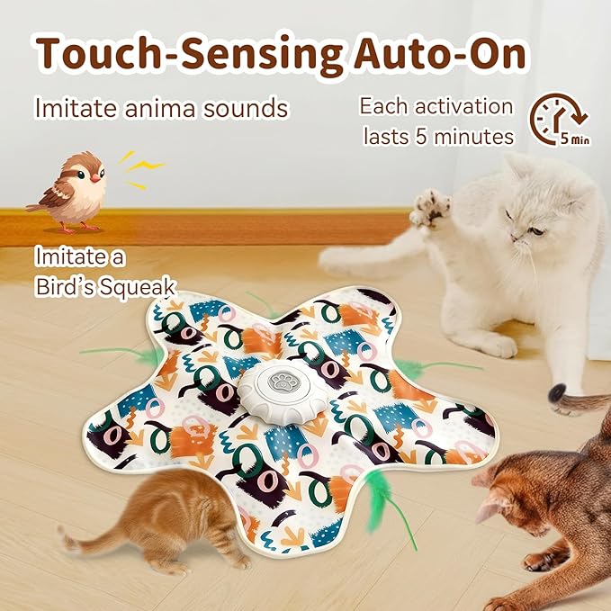 Cat Toys for Indoor Cats,Rechargeable Interactive Cat Toy with Touch-Activated Hide and Seek,Fluttering Feather and Mouse Squeaker for Bored Indoor Adult Cats Easter Gifts White
