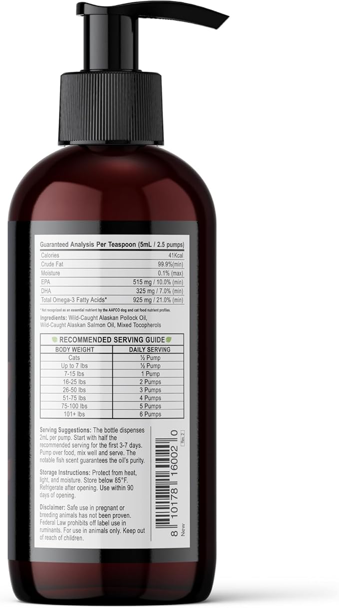 Best Paw Nutrition Wild Alaskan Salmon & Pollock Oil for Cats & Dogs – Omega 3 Fish Oil Liquid Pump with EPA DHA – Skin, Coat & Joint Support – Helps Shedding & Itchy Skin – 8 oz