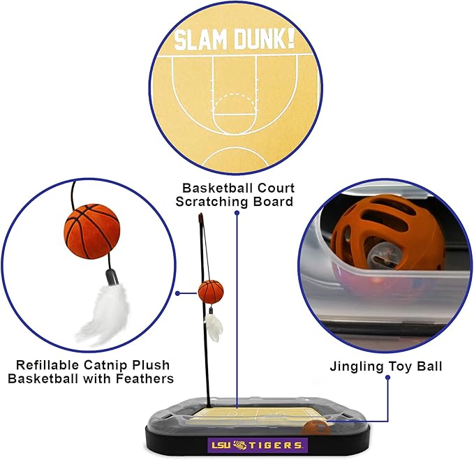 Cats Scratcher NCAA LSU Tigers Basketball Court CAT Scratcher Toy with Catnip Filled Plush Basketball Toy & Feather Cat Toy Hanging, with Jingle Bell Interactive Ball Cat Chasing 5-in-1 Kitty Toy