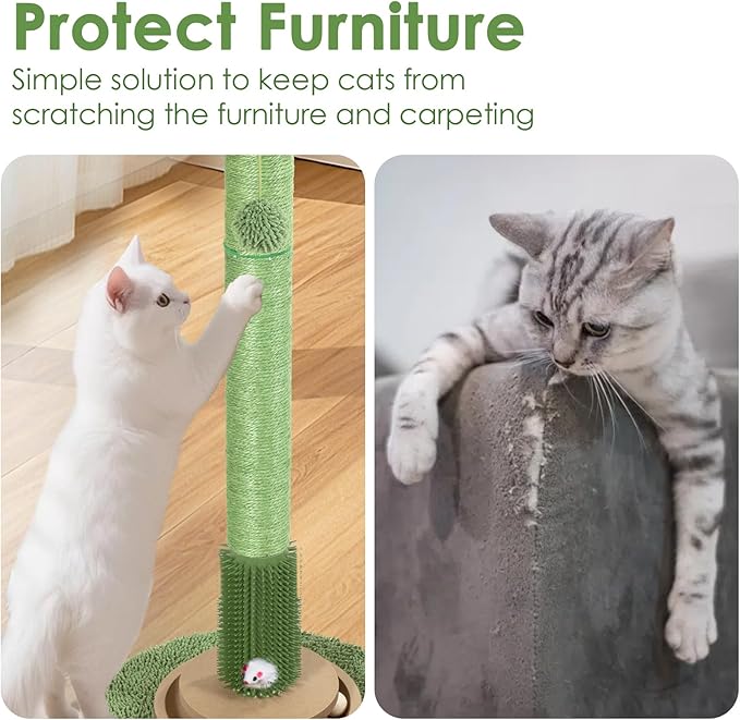 Heavy Duty Cactus Cat Scratching Post 41.5 Inch Tall for Indoor Cats, Natural Sisal Scratcher with Interactive Ball Toy & Cat Grooming Brush, Protector for Kittens & Large Cats