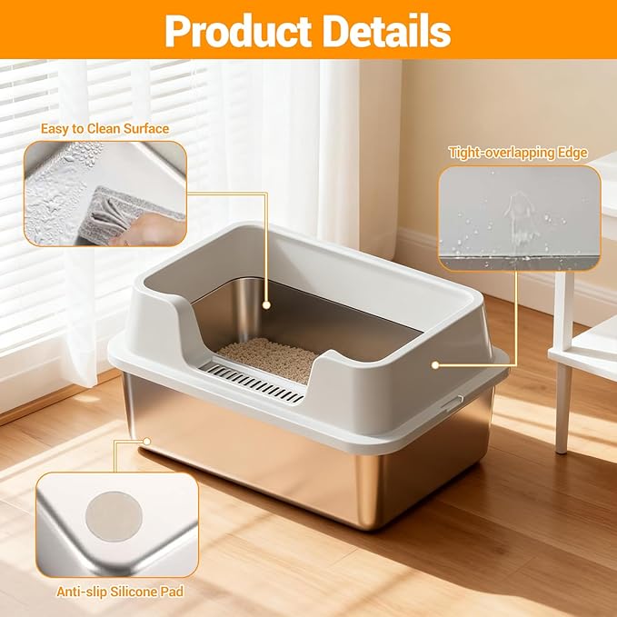 Enclosed Stainless Steel Cat Litter Box with Lid, XL Extra Large Litter Box for Big Cats, Metal Litter Pan High Sided, Never Absorbs Odors, Anti-Urine Leakage, Easy Cleaning, Include Scoop