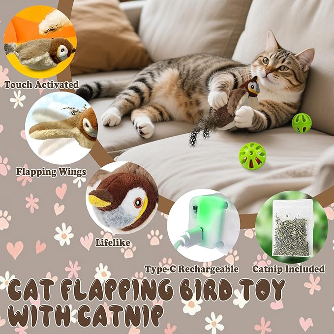 SZMDLX Rechargeable Flapping Sparrow Bird Cat Play Toy with Chirping Sound, Touch Activated Interactive Catnip Kicker, No Flying, Exercise Toy for Kittens, Cats, Small Dogs