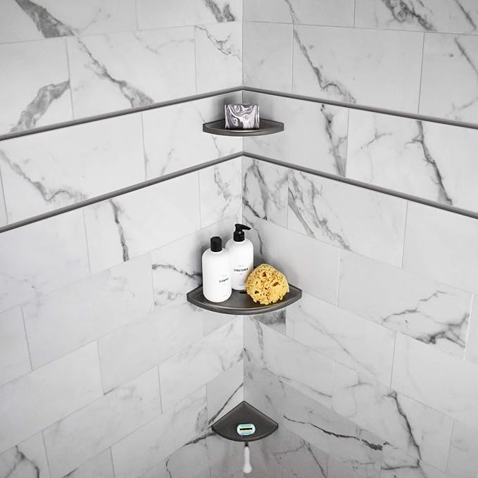Questech 8" Corner Shower Shelf - Lugged for New Construction, Shower Organizer for Tiled Walls, Corner Caddy Soap Dish Bathroom Storage, Metro Lugged, Brushed Nickel Finish