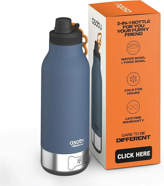 Asobu Dog Barky Bottle – Insulated Stainless Steel Water Bottle with 2 Removable Dog Bowls for Food, Treats & Water – Pet-Friendly Travel Bottle for Hiking, Road Trips & Outdoor Adventures