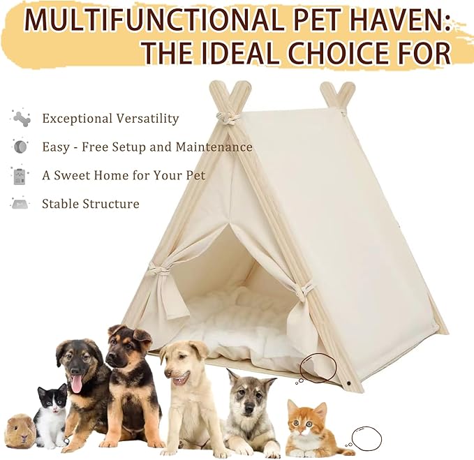 Pet Teepee with Thick Cushion, Cat Tents for Small Dogs Puppy and Cats,Portable Houses Indoor with Thick Cushion,Puppies Play House Removable and Washable,Beige