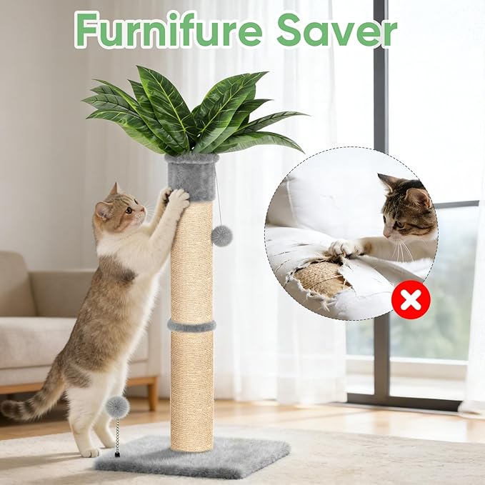 XiaZ Cat Scratching Post 34'' Tall, Heavy Duty Cat Tree Tower for Indoor Kitty with Extra Wide 15.8" Stable Base and 2 Toy Balls, Natural Sisal & Plush Fabric for Small, Medium Cats(Light Gray, 2.8in)