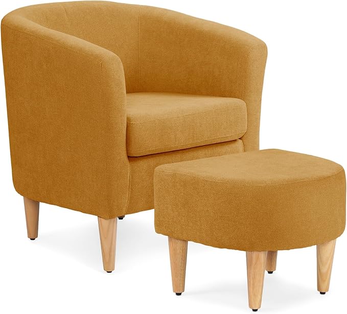 Athena Collection Modern Barrel Accent Chair with Ottoman, Furry Cozy Reading Arm Chair for Adults, Comfy Uphosltered Sofa Armchair with Footrest for Living Room, Bedroom, Small Space, Yellow