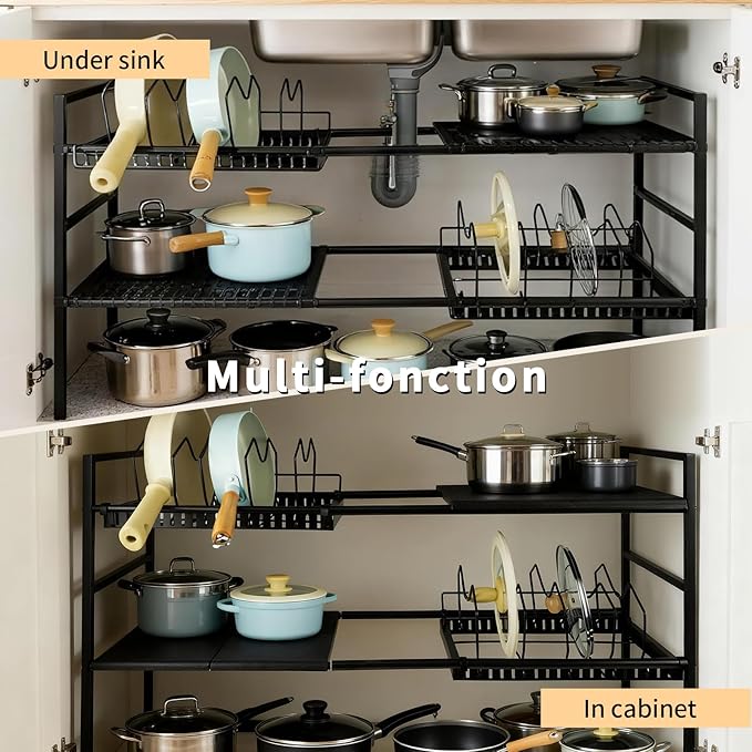 Pots and Pans Organizer Under Cabinet, Expandable Length, Adjustable Height Under Sink Shelf 2 Tier with 10 Dividers Under Sink Organizer, Pot and Pan Lid Holder Rack (Black)