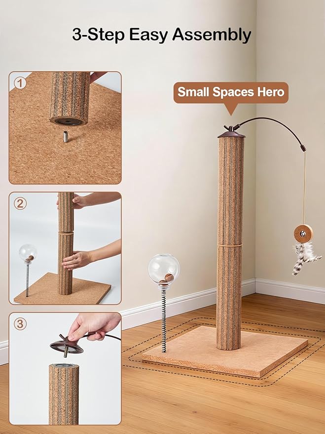 Kitten Claw Friendly Scratching Post Cork & Cardboard Mix Indoor 26" Premium Durable Nature Kittens Scratch Post Tree with Snack Ball & Feather Interactive Toys for Novice Cat Owner