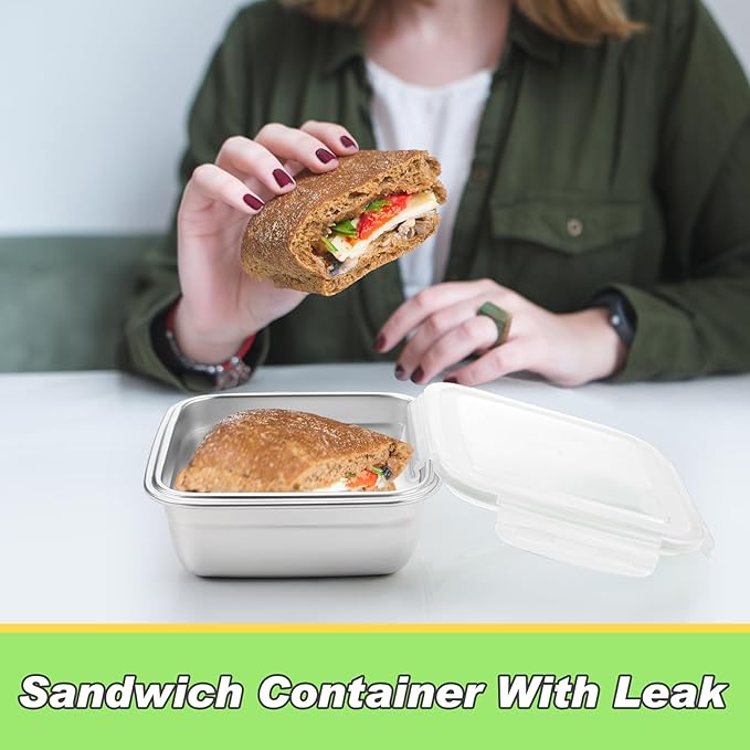 4 Pack Stainless Steel Sandwich Containers with Lids 25.4 oz Metal Food Container for Lunch Boxes with Airtight Silicone Seal for Sandwiches and Snacks(Transparent)