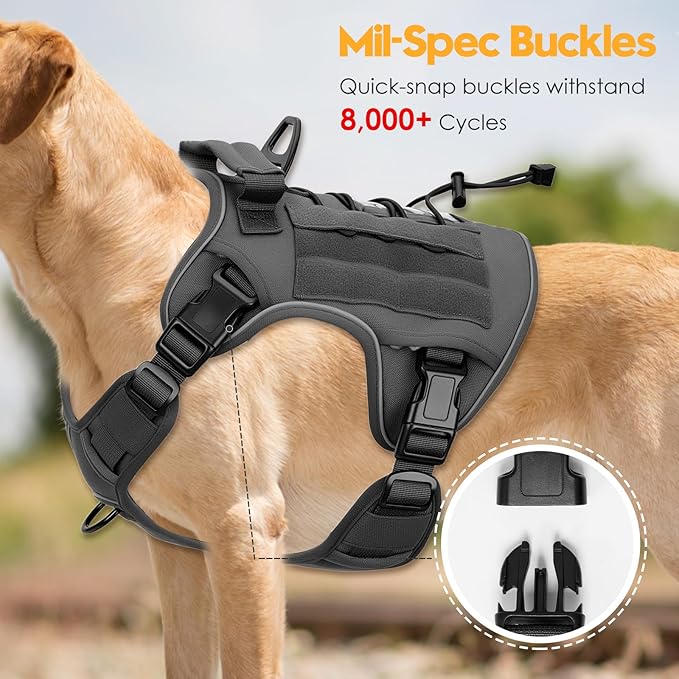 Heavy-Duty Tactical Dog Harness for Large Dogs, No Pull Adjustable Reflective Pet Vest with Molle System, K9 Military-Grade Control for Service Training, Outdoor & 10+ Breeds, Gray, Large