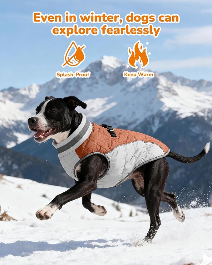 Dog Coat for Small Dogs, Adjustable Dog Jackets for Cold Weather, Reflective Winter Coat with Built-in Harness, Snowsuit Fits Dogs 7-14 lbs and Up, Size S Brown