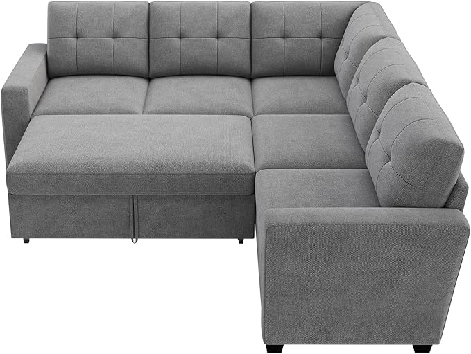 HONBAY 83.4 Inch U-Shaped Sectional Sleeper Sofa with Pull-Out Bed, 5-Seater Sectional Sofa for Living Room, Pet-Resistant Fabric Couch, Grey