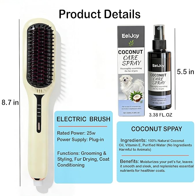 2-in-1 Electric Pet Grooming Brush with Coconut Oil Conditioner Spray, Professional Hair Styling Tool for Medium and Long Haired Dogs and Cats, Quick Hair Styling & Removing Loose Fur Knots