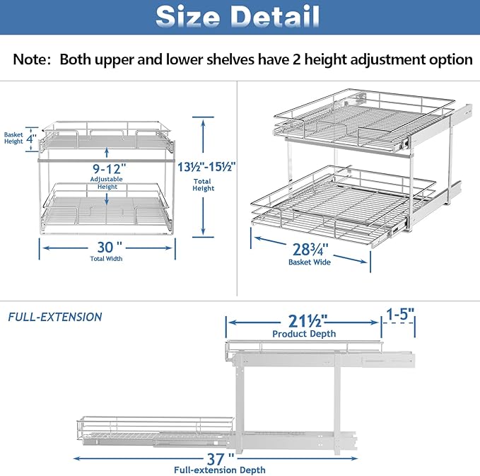LOVMOR Individual Pull Out Cabinet Organizer, 2 Tier Slide Out Cabinet Drawers, Pots and Pans Organizer and Storage Pantry Shelf for Kitchen (30" W x 21½" D)