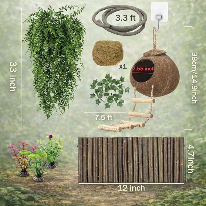 HERCOCCI Crested Gecko Tank Accessories, Reptile Hanging Plants Vines with Coconut Shell Ladder Hideout Hermit Crab Decor for Lizard, Chameleon Cage, Snakes, Hermit Crab, Leopard Gecko