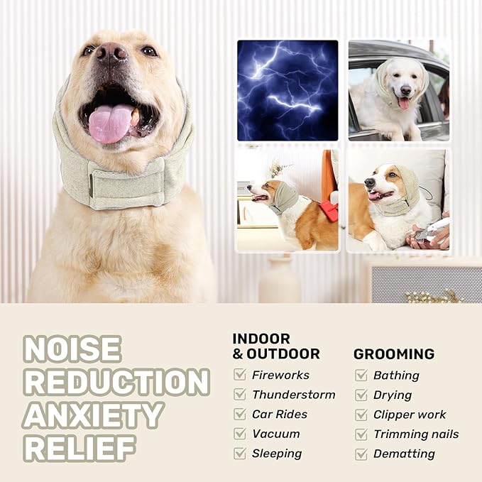 Dog Calming Hoodie, No Shake Ear Wraps for Dogs, Adjustable Dog Ear Muffs for Noise Protection, Ear Wrap Head Cover for Anxiety Relief & Hematoma (Pearl White, L(Head Circle:17.7"-23.6"))