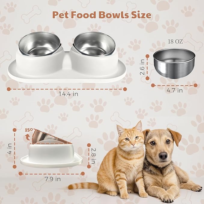 Cat Bowls, Tilted Cat Food and Water Bowl Set Anti Vomiting, Stainless Steel Dog Food Bowl with Base, Non-Slip Pet Feeder Bowls for Puppy Small Dogs Cats