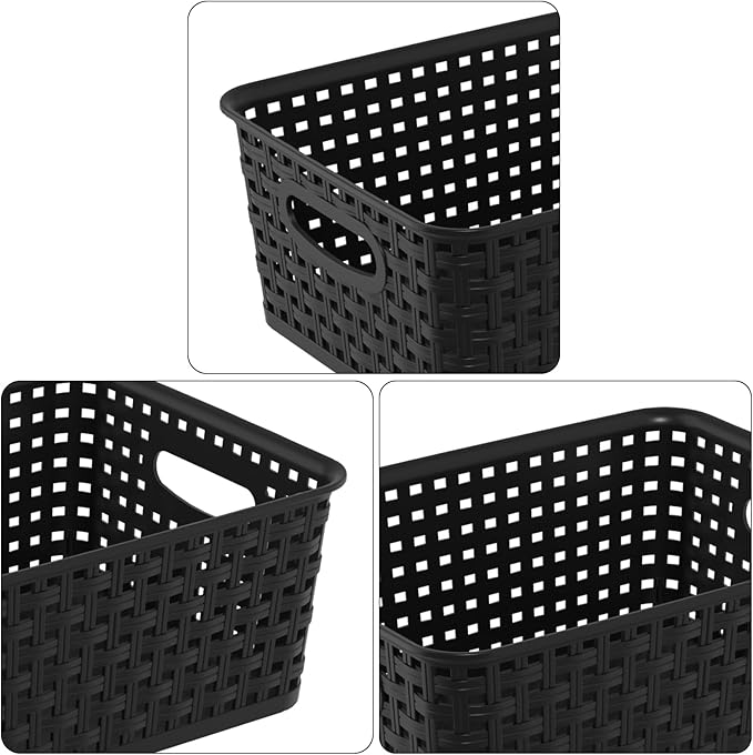 Plastic Shelf Storage Baskets, Plastic Pantry Weave Basket, Black, 12 Packs