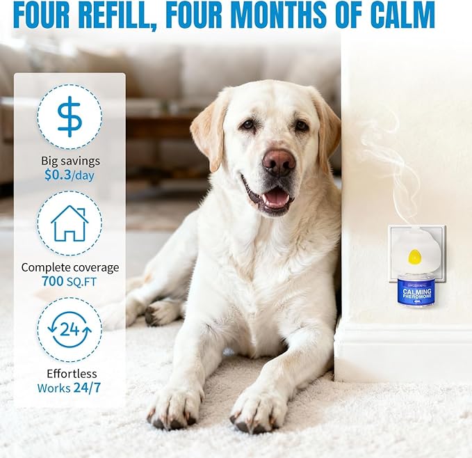 Dog Pheromones Calming Diffuser Anxiety Relief Calming Diffuser for Dog Reduce Aggression Stress Fighting Barking Chewing Pee Accidents & Separation Behaviors, 2 Plug in+4x48ml Refill