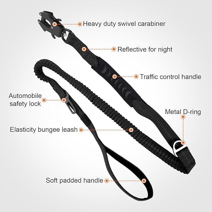 Heavy Duty Dog Leash, 4-6 Ft Shock Absorbing with Heavy-Duty Seatbelt Buckle & Dual Handles - No Bungee, for Medium to Large Dogs (Black)