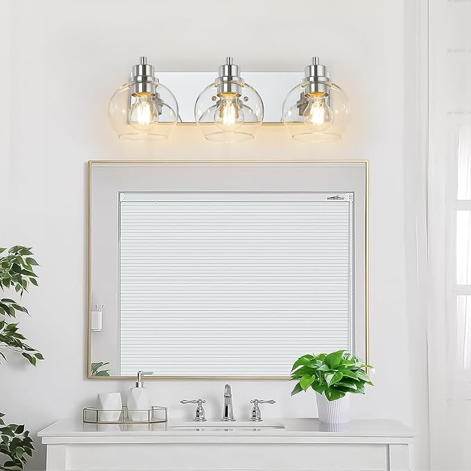 Tuscarora Chrome Vanity Light Fixture - 3 Light Bathroom Vanity with Clear Glass Shade - Light Over Mirror for Bathroom Lighting